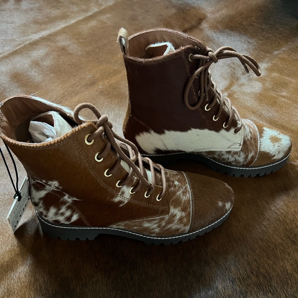 Genuine Cowhide & Leather Bootie Fur combat ankle boot brown white sz 9 New